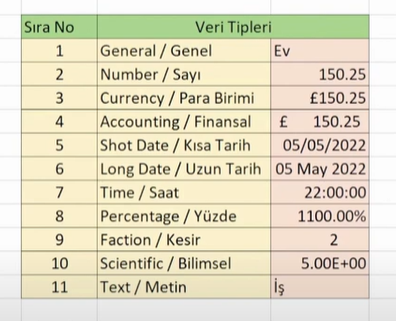 Excel Standart Veri Tipleri