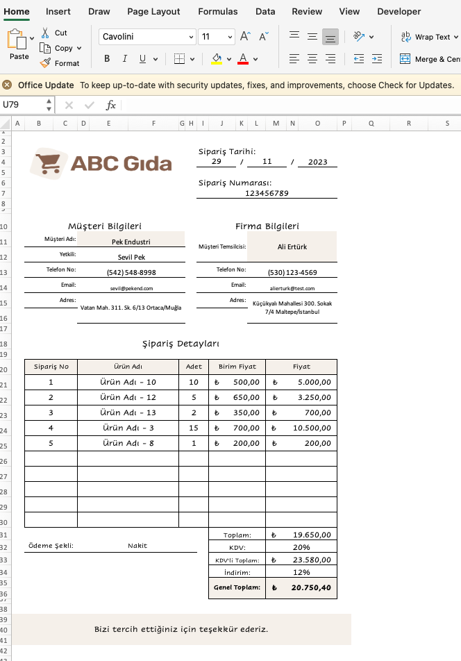 excelsepet.com excel teklif formu örneği